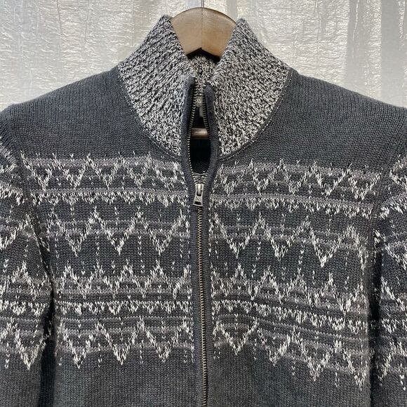 Eddie Bauer Fair Isle Zip-Up Cotton Sweater Cardigan Grey White Nordic Pattern M - Picture 1 of 8